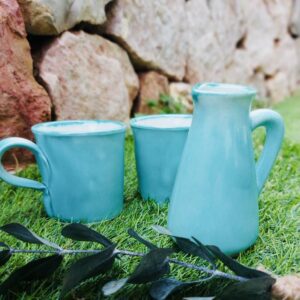 Hand painted handmade pottery (turquoise milk jug/2 cups)