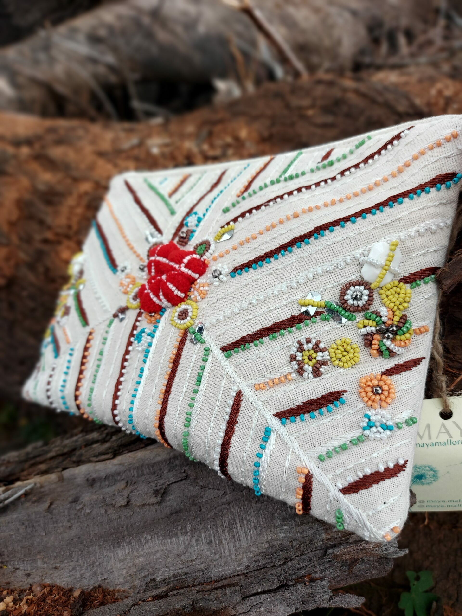 Bone color and colored embroidery bag