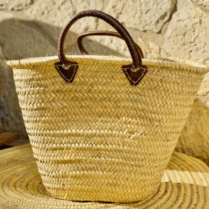 Handmade Palm Basket with Short Leather Handle