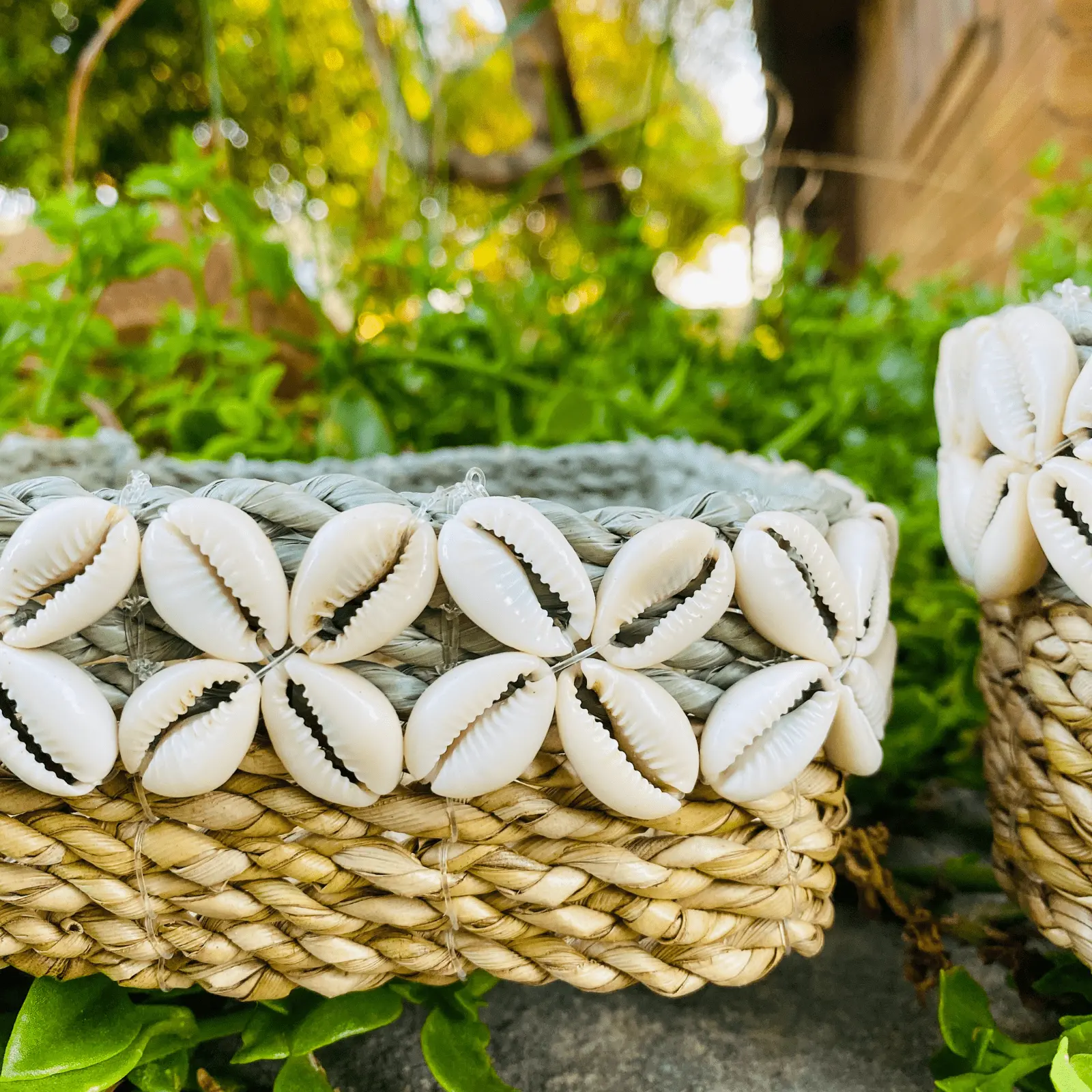 Natural Raffia Decorative Basket with Shells - Image 5