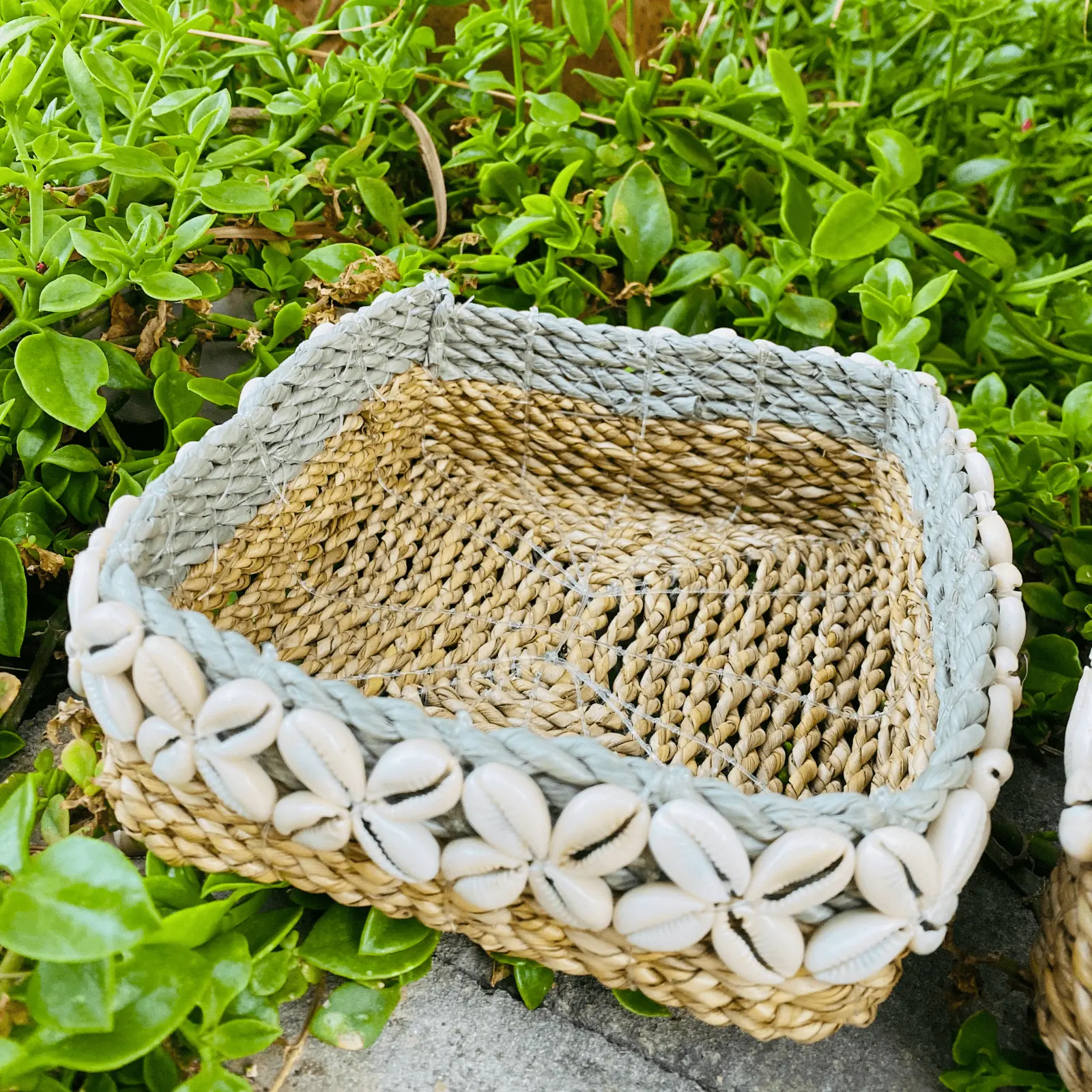 Natural Raffia Decorative Basket with Shells - Image 3