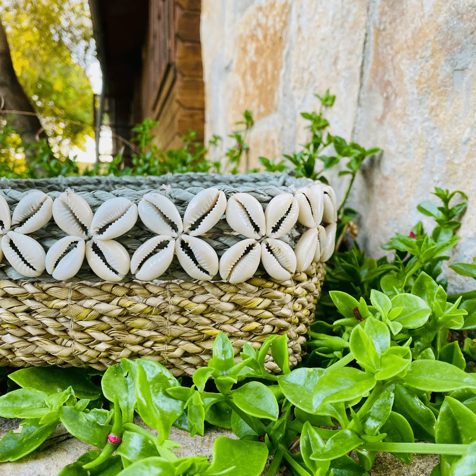 Natural Raffia Decorative Basket with Shells - Image 6