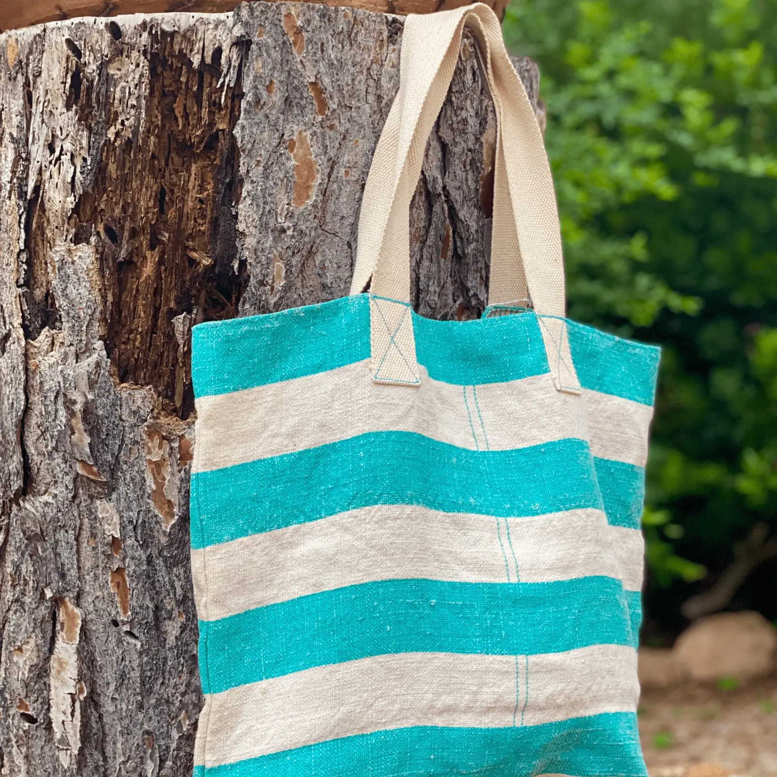 White and Turquoise Striped Tote Bag - Image 2