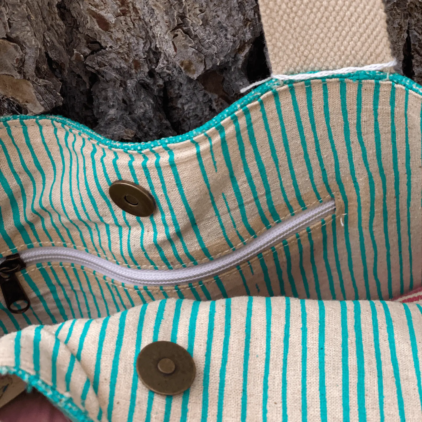 White and Turquoise Striped Tote Bag - Image 3