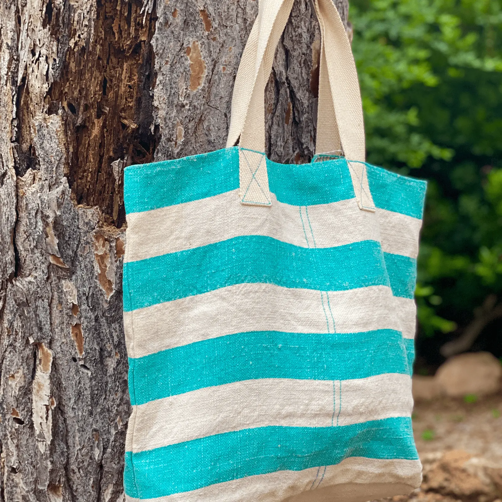White and Turquoise Striped Tote Bag - Image 4