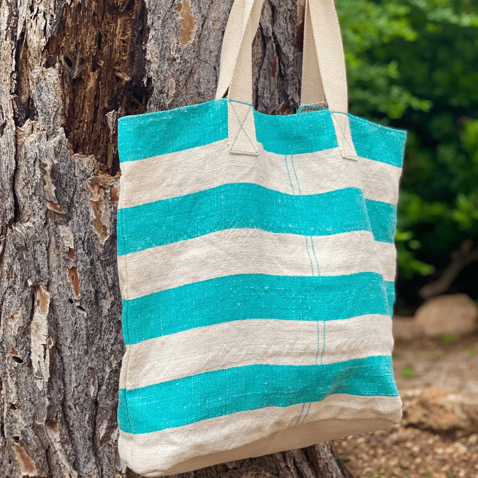 White and Turquoise Striped Tote Bag - Image 5