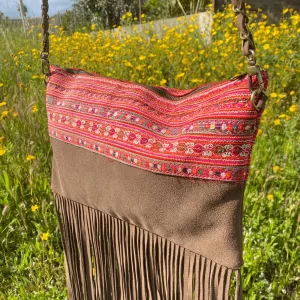 Brown Leather Bag with Zipper and Embroideries