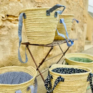 Palm Basket with Flower Lining and Fabric Handles