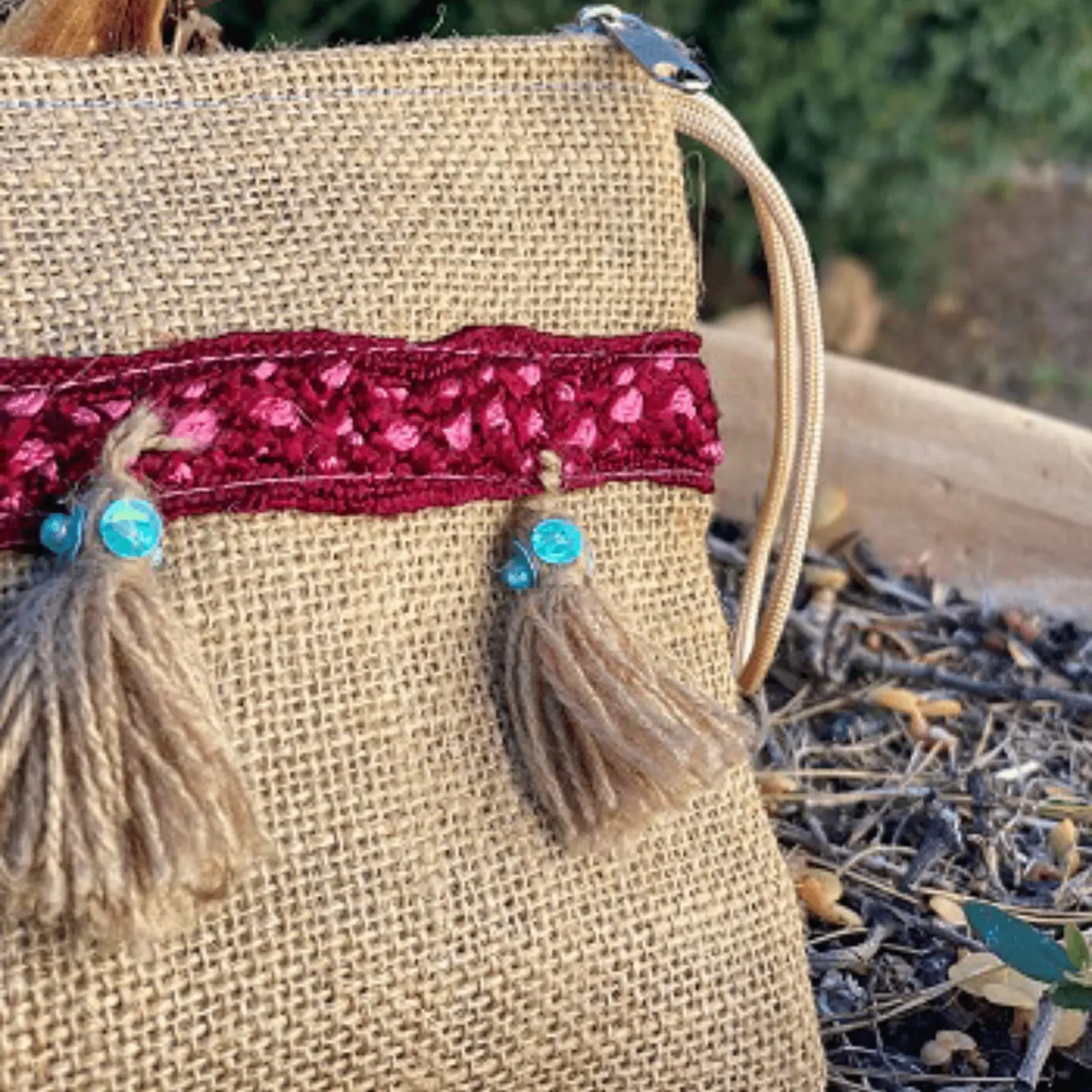 Sack pouch with pompoms and red ribbon decoration - Image 4