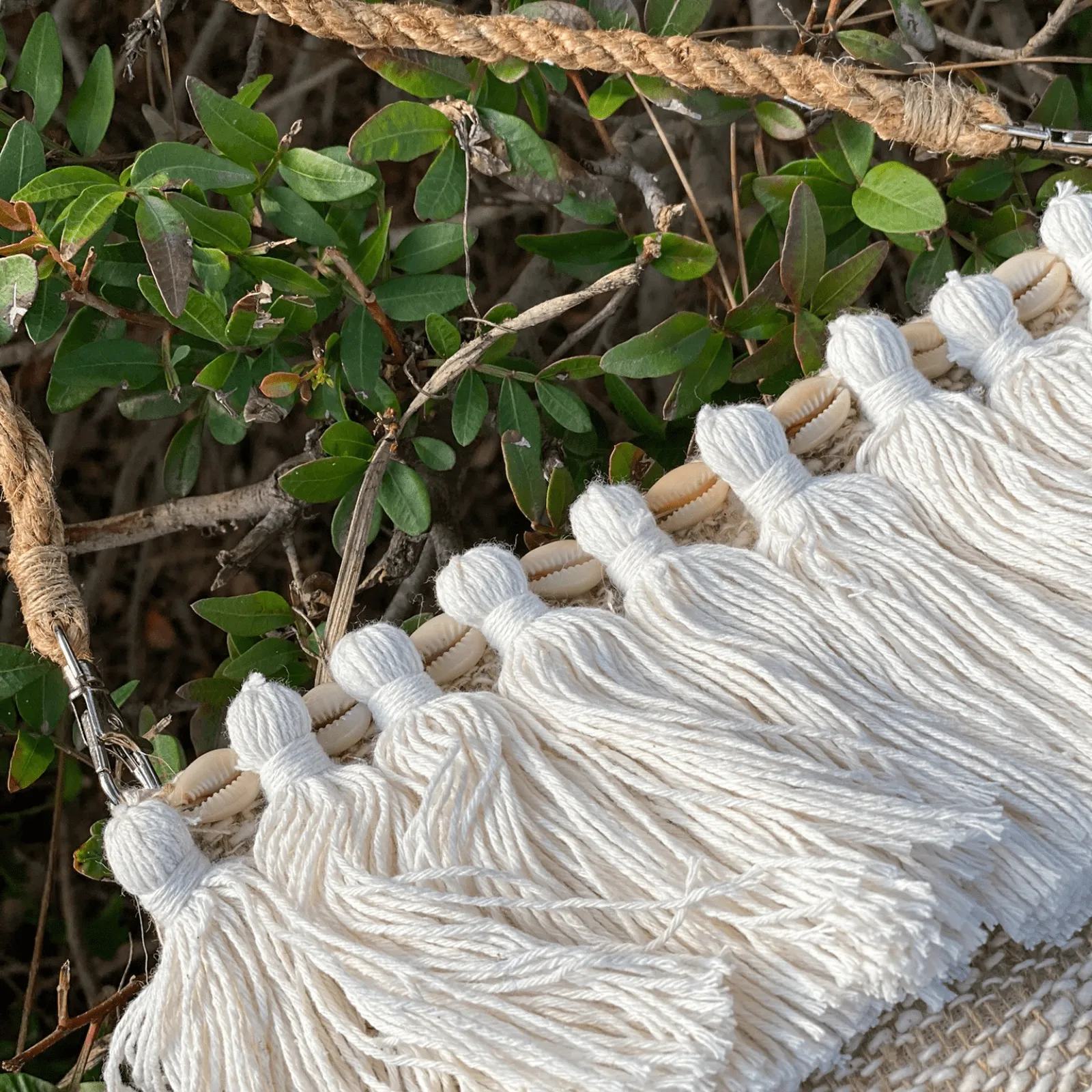 Bali made cotton shoulder bag with shells and tassels - Image 4