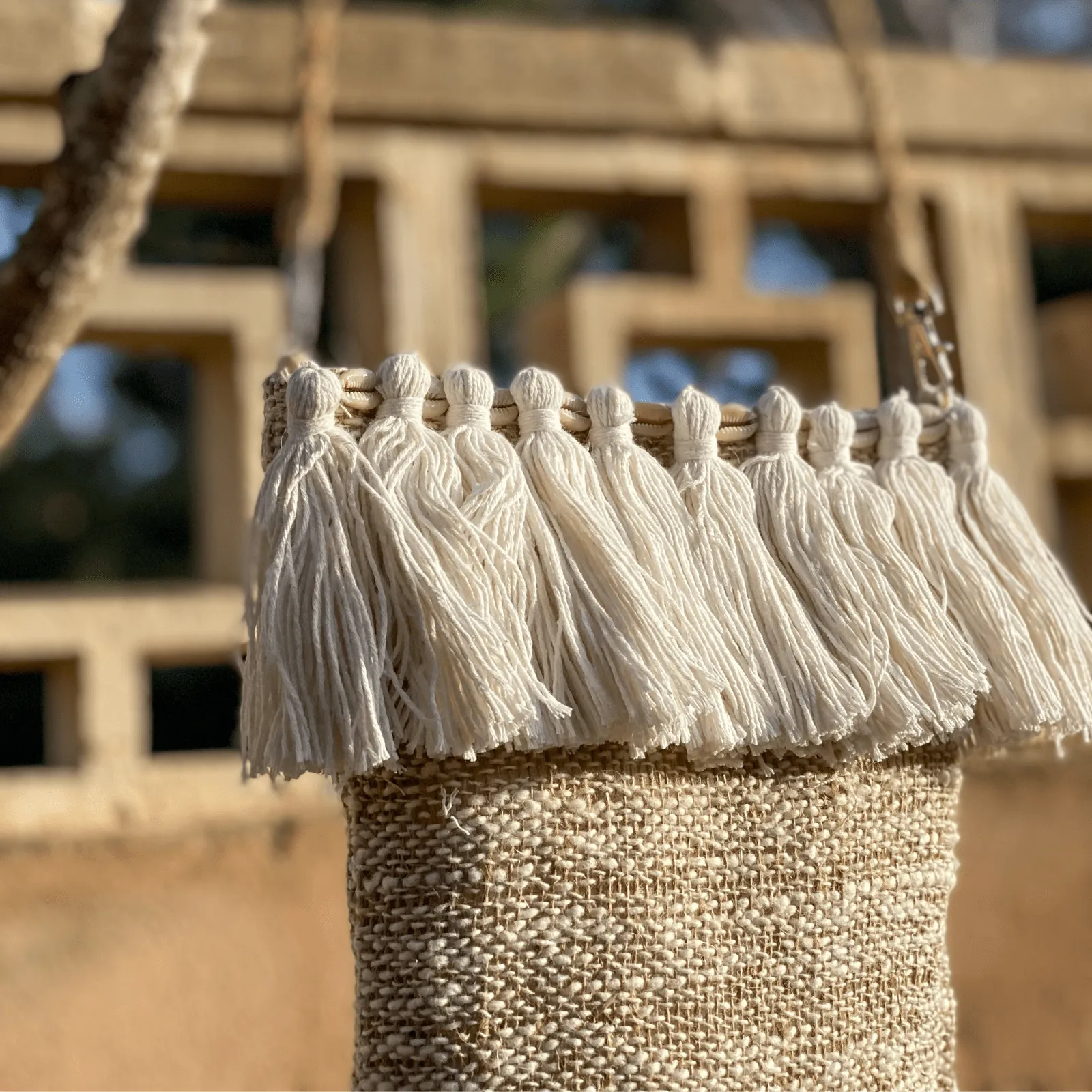Bali made cotton shoulder bag with shells and tassels - Image 3