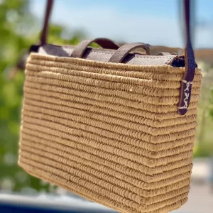 Rectangular Raffia Bag with Zipper and Leather Handles