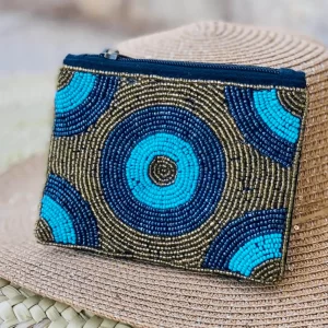 Blue beaded zippered pouch bag