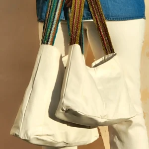 White Canvas Handbag with Hand Woven Wool Ribbon