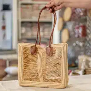Natural-colored openwork raffia bag
