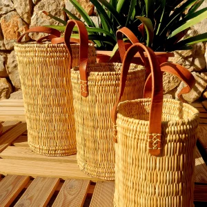 Round Reed Bag with Leather Handles