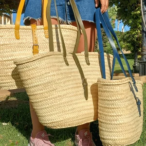 Reed Leaf Basket Bag with Leather Top Handles and Buckle