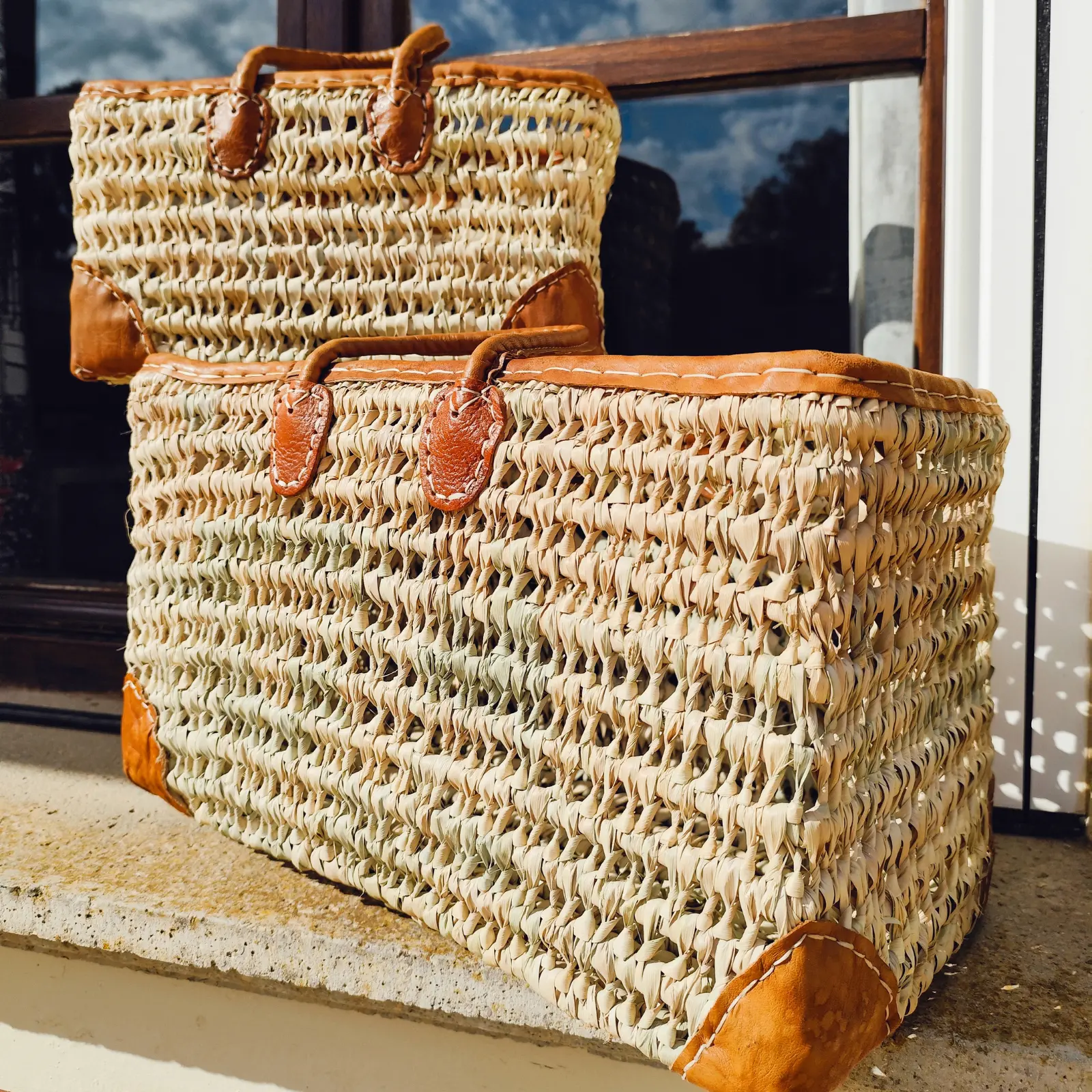 Rectangular Cane Basket with Handles and Leather Edging - Image 5