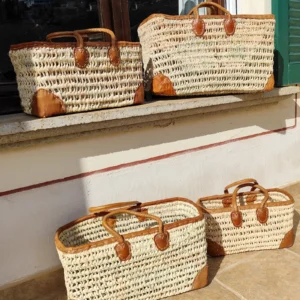 Rectangular Cane Basket with Handles and Leather Edging