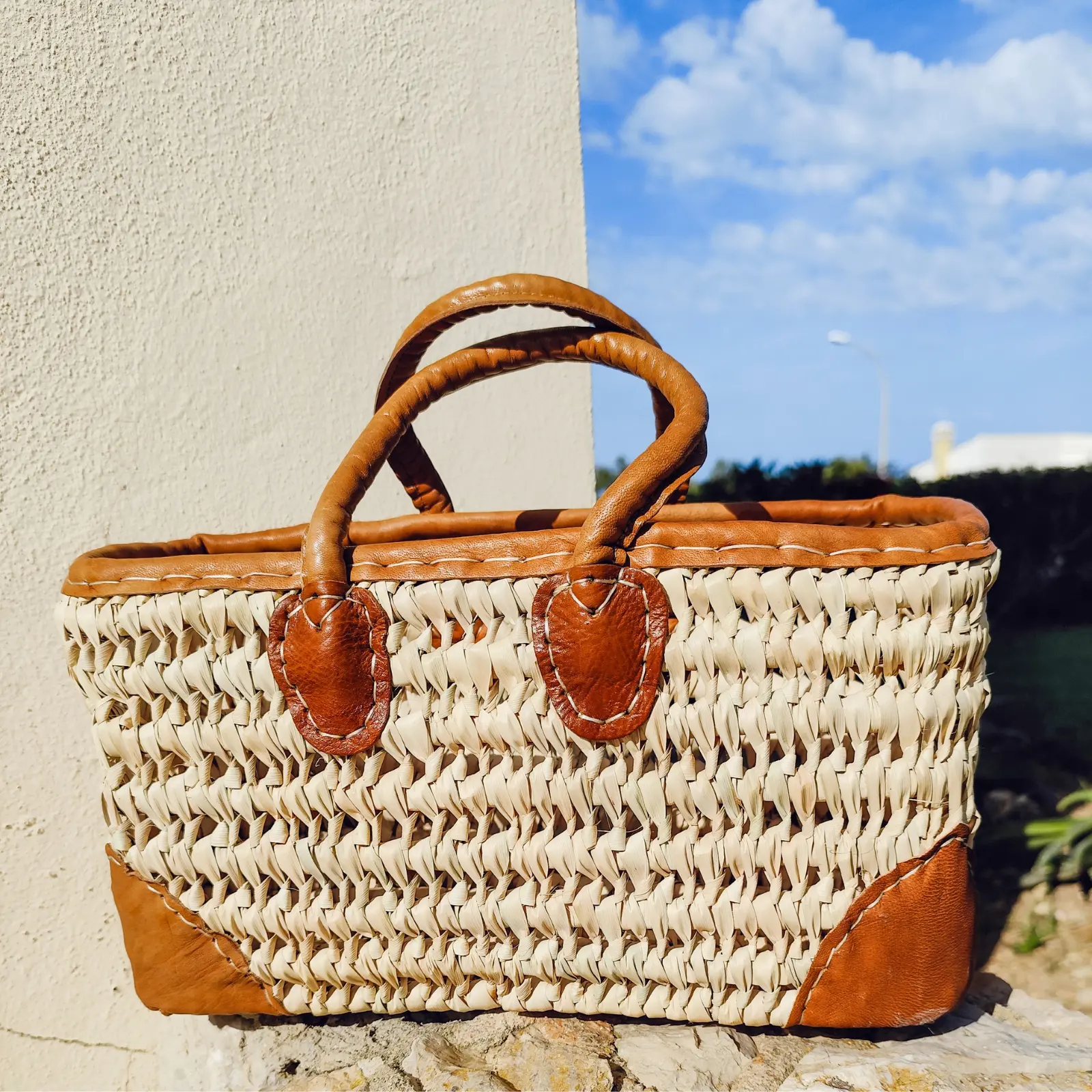 Rectangular Cane Basket with Handles and Leather Edging - Image 3