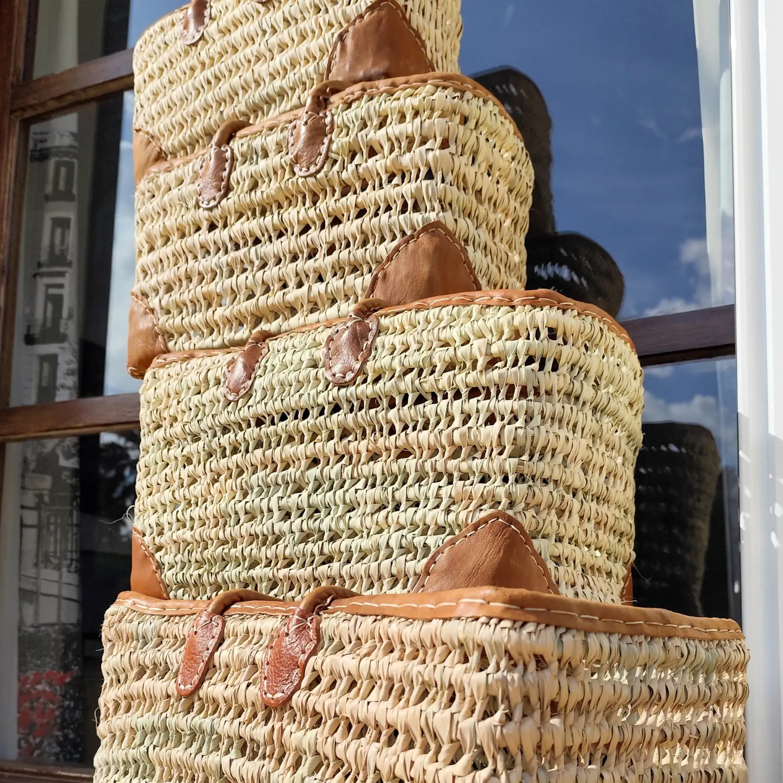 Rectangular Cane Basket with Handles and Leather Edging - Image 6