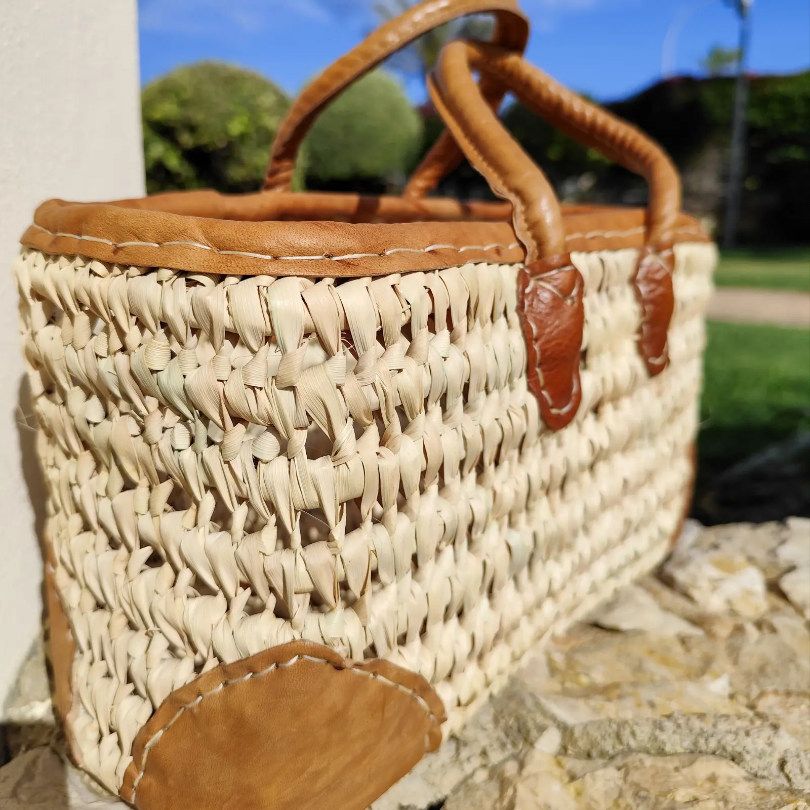 Rectangular Cane Basket with Handles and Leather Edging - Image 4