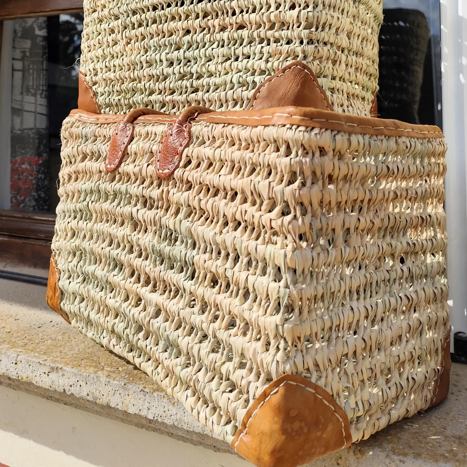 Rectangular Cane Basket with Handles and Leather Edging - Image 8