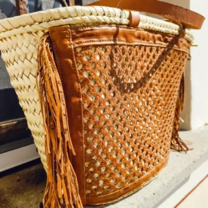 Palm Handbag with Long Handle and Fringed Leather Mesh