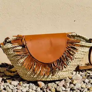 Palm Handbag with Leather Flap, Fringes and Long Handle
