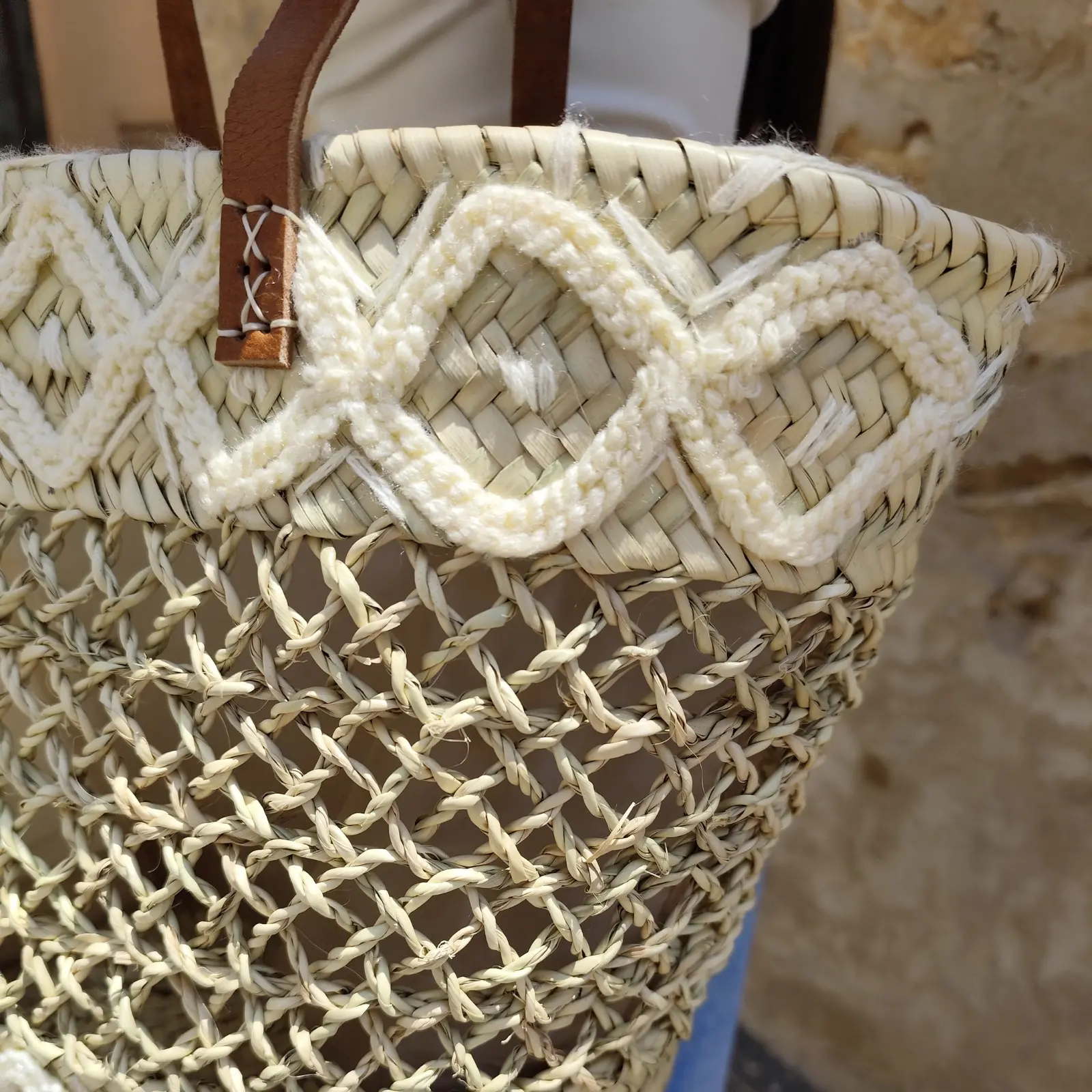 Openwork Basket with Lining, Long Leather Handles and Embroidery - Image 9