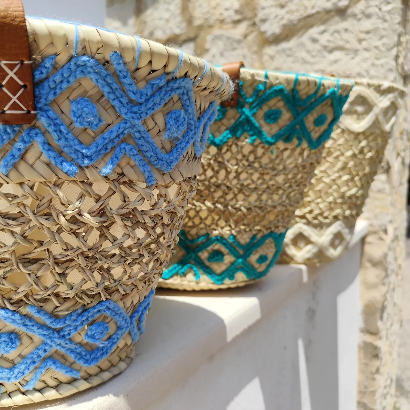 Openwork Basket with Lining, Long Leather Handles and Embroidery