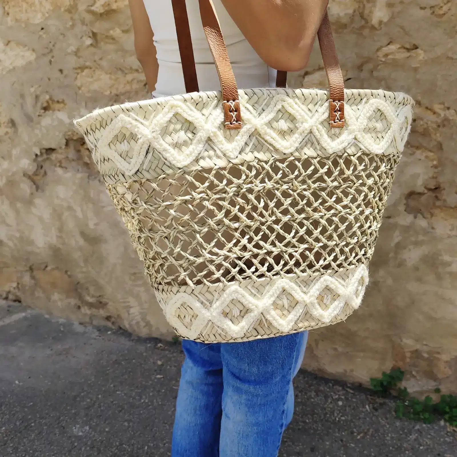 Openwork Basket with Lining, Long Leather Handles and Embroidery - Image 8