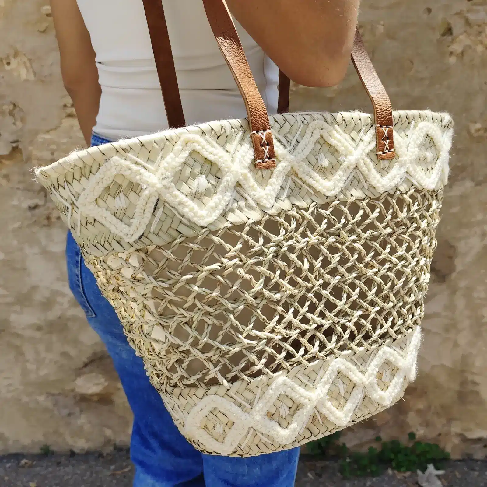 Openwork Basket with Lining, Long Leather Handles and Embroidery - Image 7