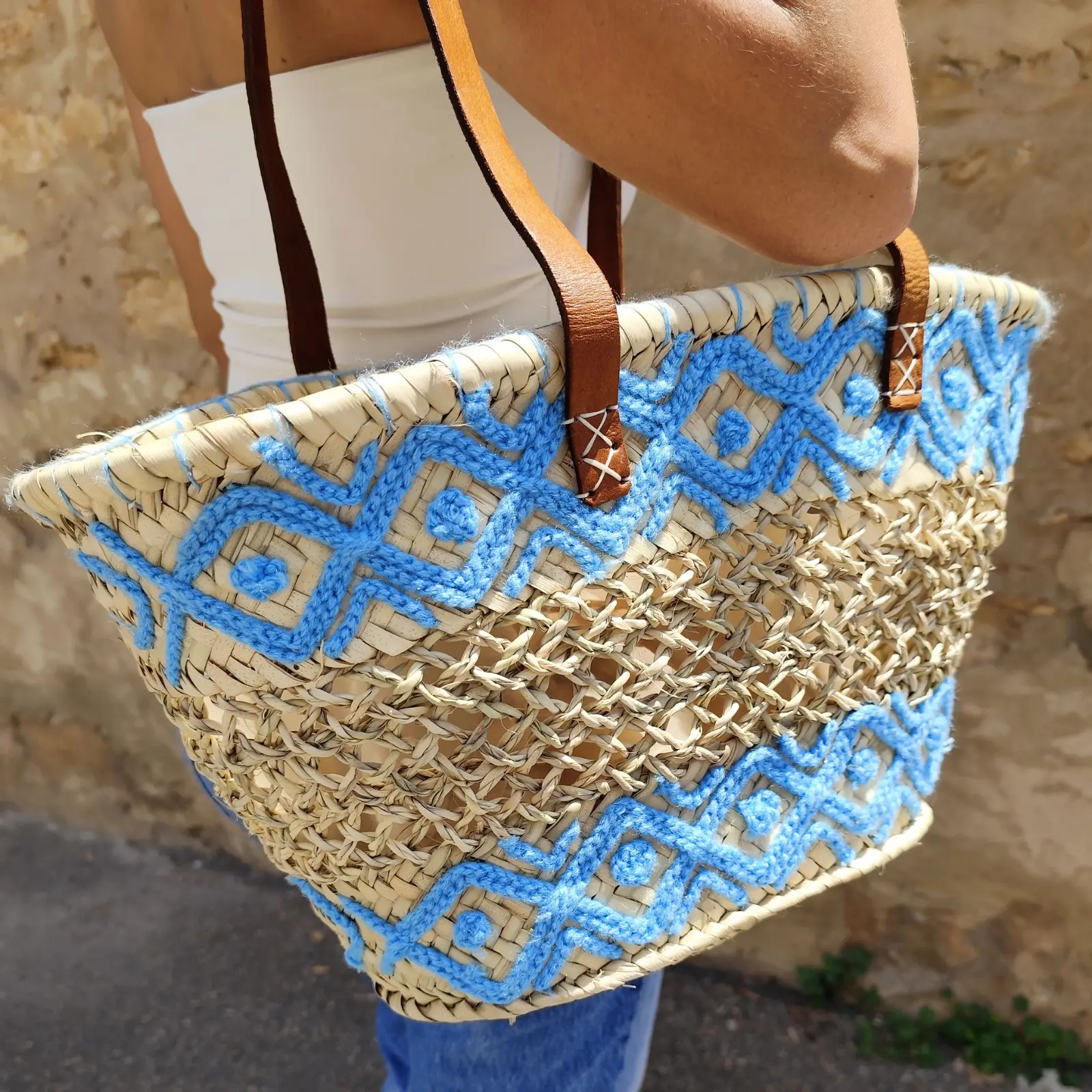 Openwork Basket with Lining, Long Leather Handles and Embroidery - Image 10