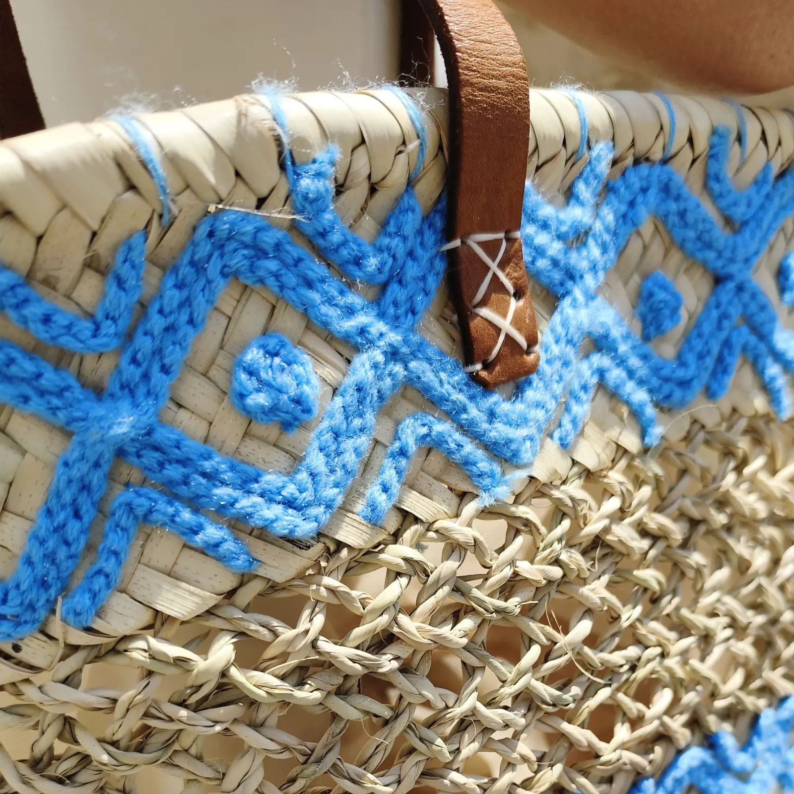 Openwork Basket with Lining, Long Leather Handles and Embroidery - Image 12