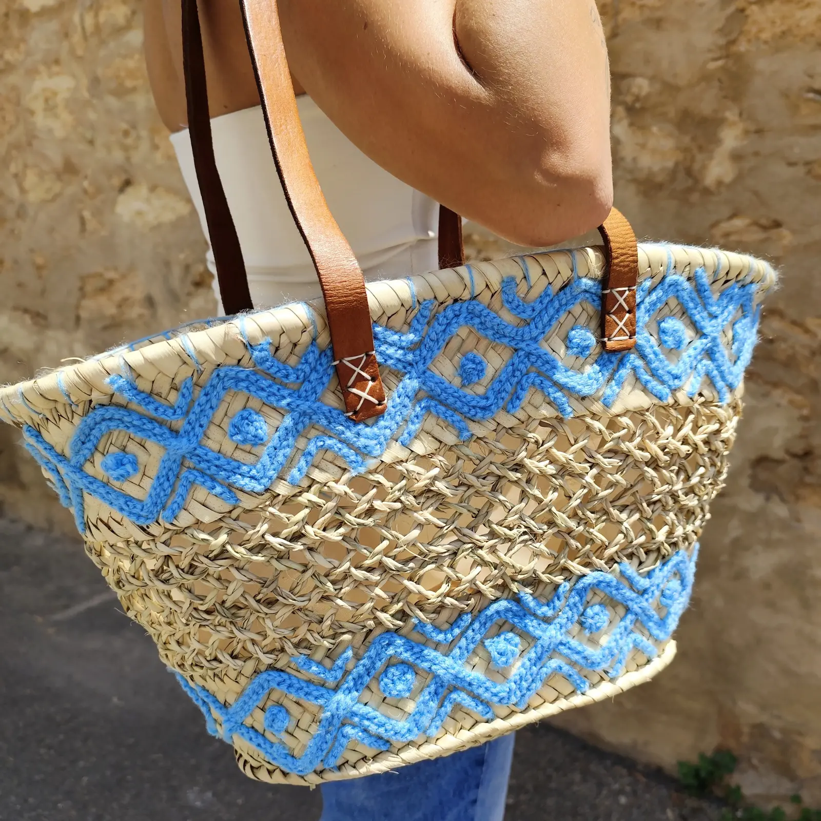 Openwork Basket with Lining, Long Leather Handles and Embroidery - Image 11
