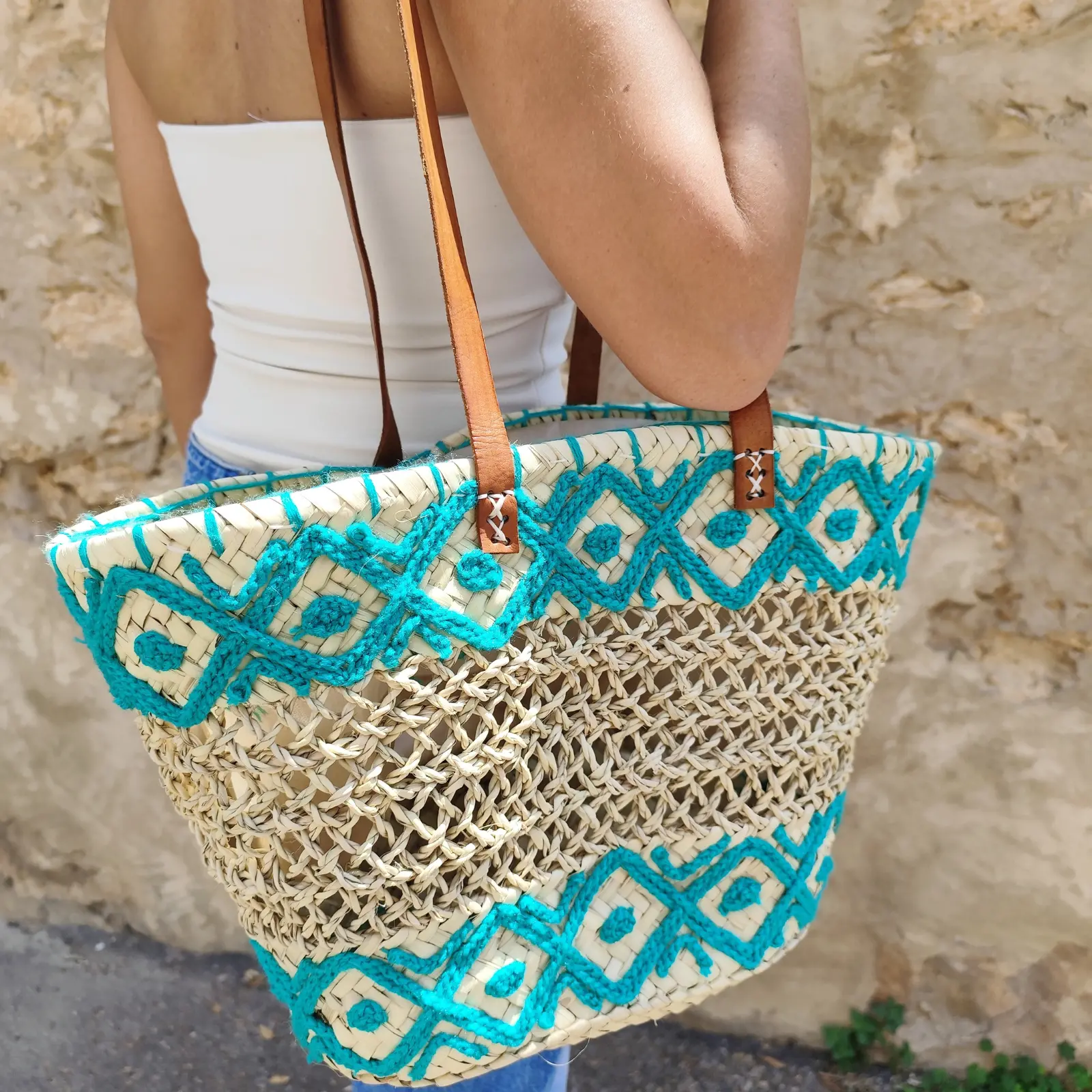 Openwork Basket with Lining, Long Leather Handles and Embroidery - Image 4