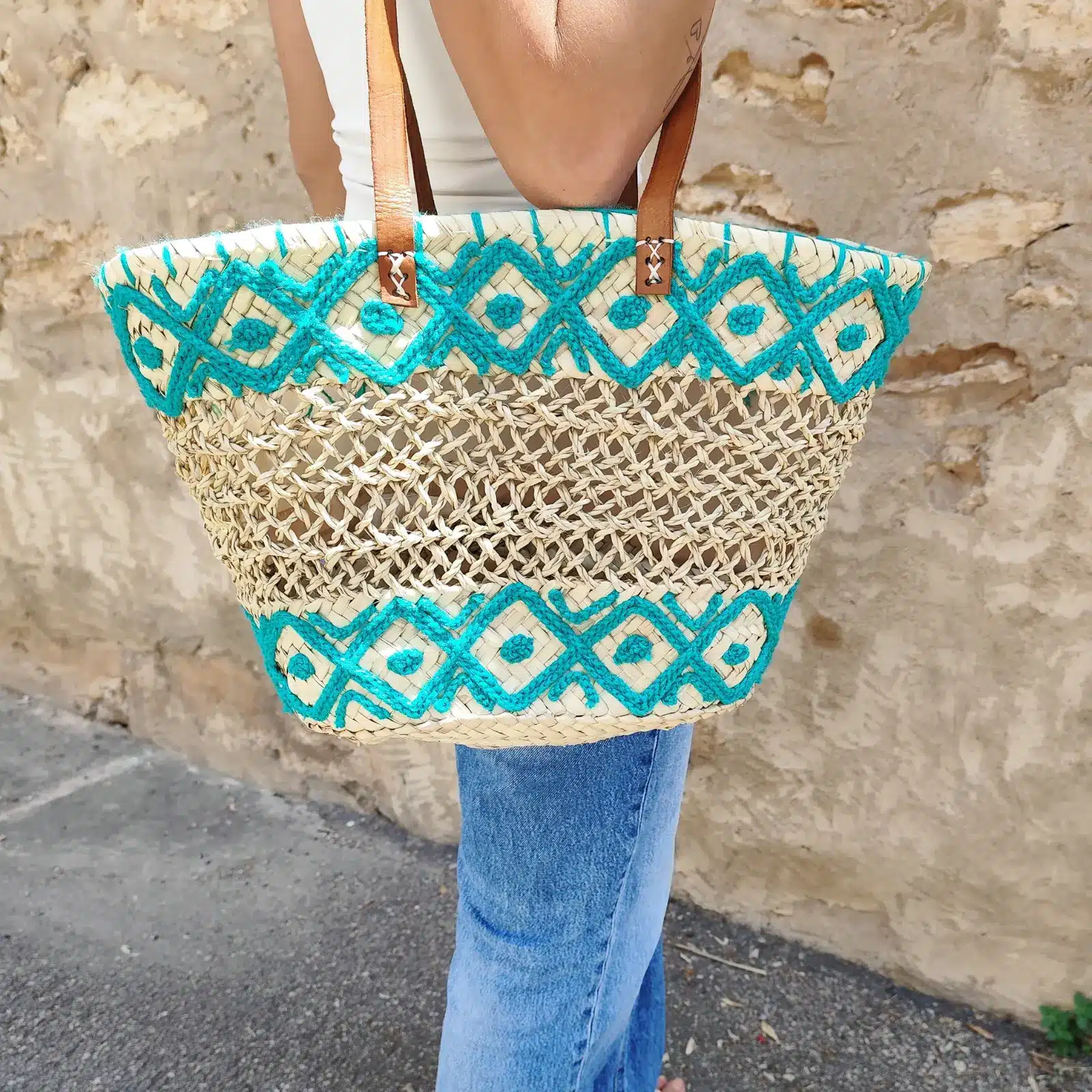 Openwork Basket with Lining, Long Leather Handles and Embroidery - Image 5