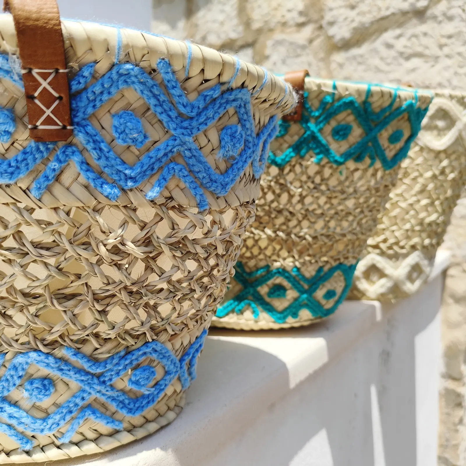 Openwork Basket with Lining, Long Leather Handles and Embroidery - Image 3