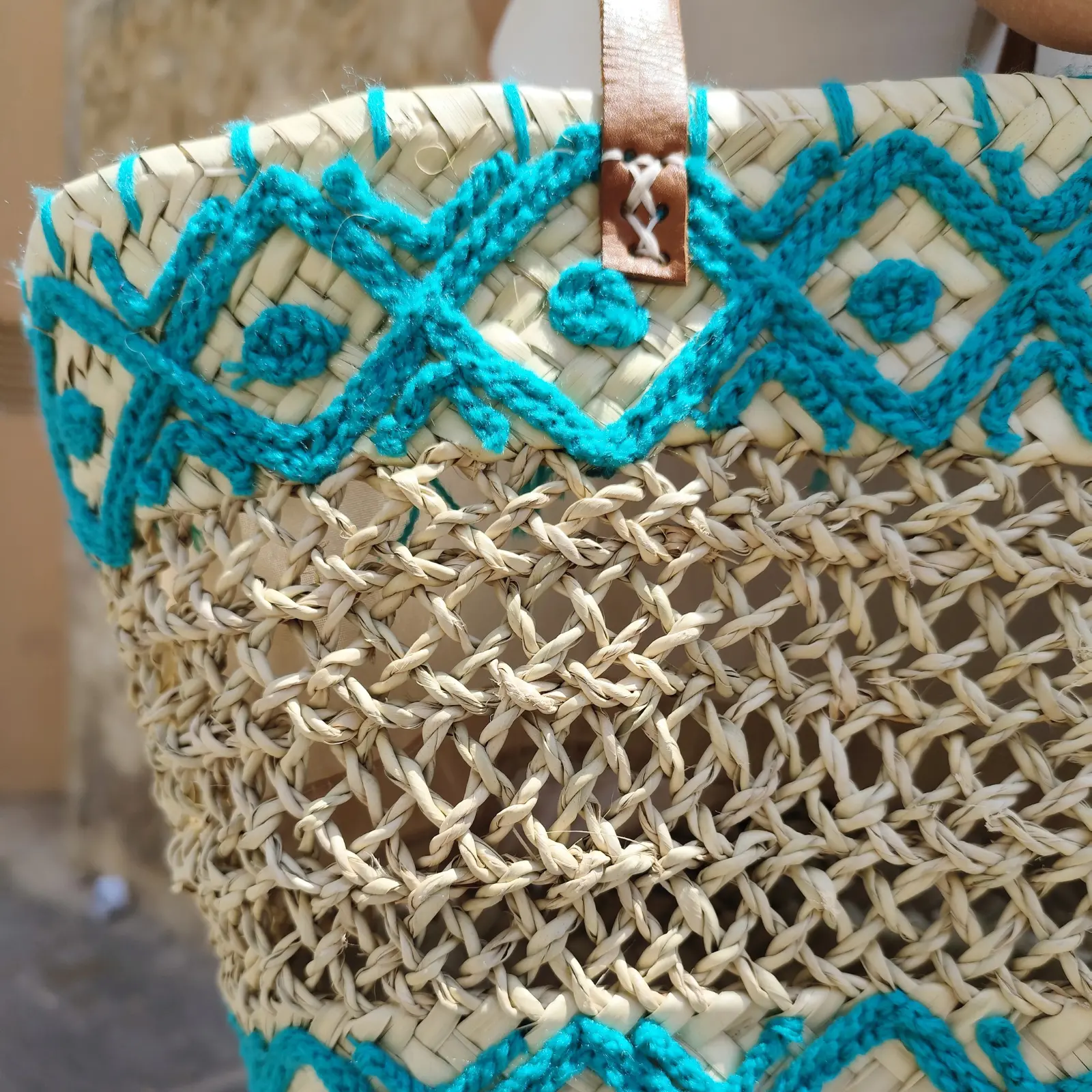 Openwork Basket with Lining, Long Leather Handles and Embroidery - Image 6