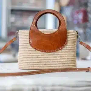 Rectangular Lined Raffia Bag with Long and Short Leather Handles