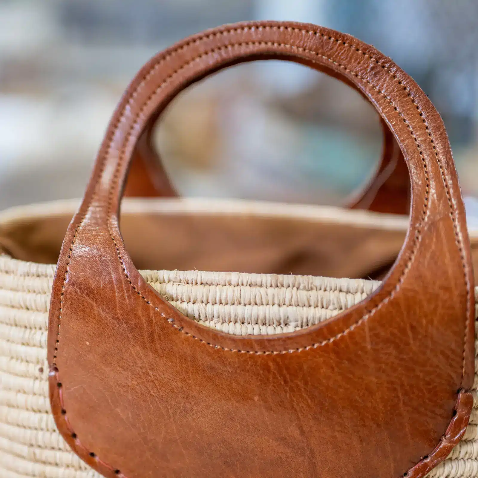 Rectangular Lined Raffia Bag with Long and Short Leather Handles - Image 3