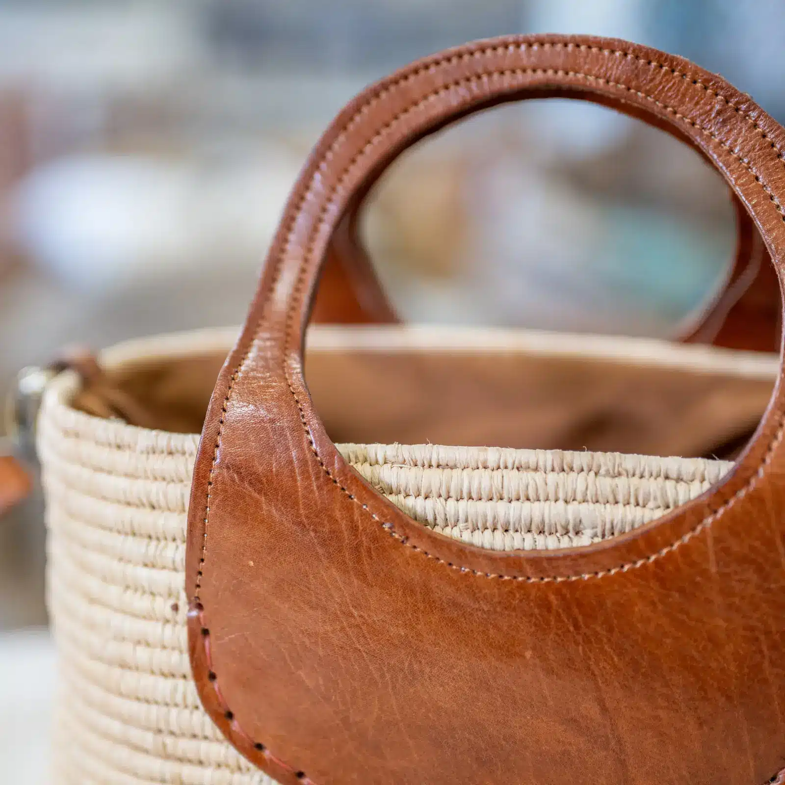 Rectangular Lined Raffia Bag with Long and Short Leather Handles - Image 4