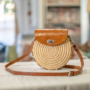 Round Raffia Bag with Metal Clasp and Long Leather Handle