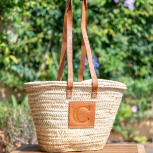 Cesta Forrada con Asas Largas y Letra en Piel Personalizable