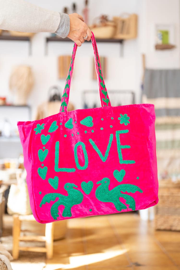 Tote Bag Velvet Bordado fucsia verdes